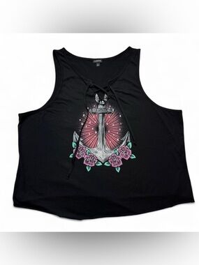 Torrid Black Tank Top Anchor & Roses Design Womens Size 4X Cut Hem